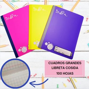 LIBRETA COSIDA PROFESIONAL INDRA, 1 PIEZA DE 100 HOJAS, CUADROS GRANDES, EN COLORES ROSA, AMARILLO O MORADO